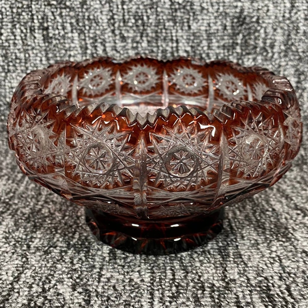 VTG Ruby Red Cut To Clear Crystal Pedestal Bowl Pinwheel Star Footed Dish 6 Inch